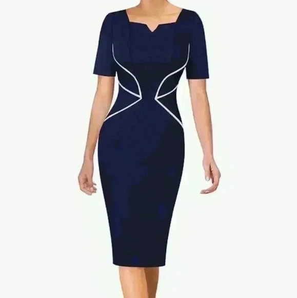 VFSHOW | Women's Navy/White Notch V Neckline Colorblock Piping Midi Dress - Picture 1 of 9